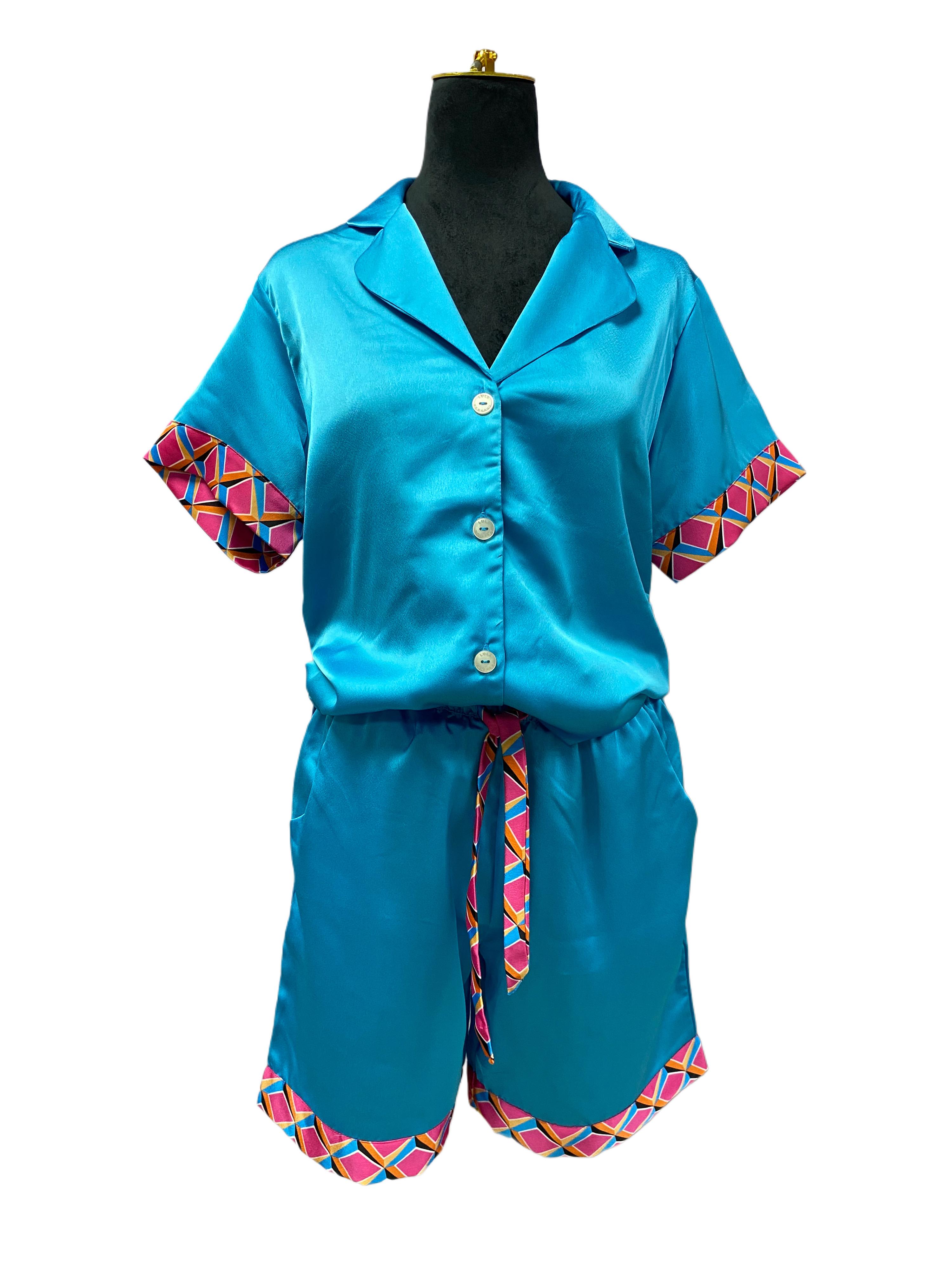 PIJAMA 231 AQUA CON ROMBO ROSA